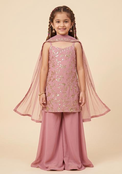 Girl's Rose Pink Embroidered Crepe Sharara Set