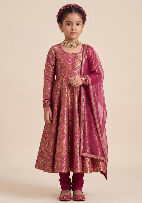 Girl's Orange Self Design Silk Anarkali Set