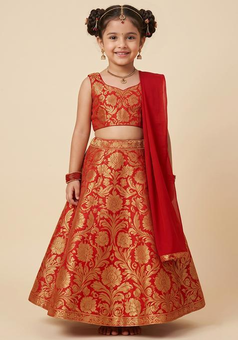 Girl's Red Jacquard Brocade Lehenga Set