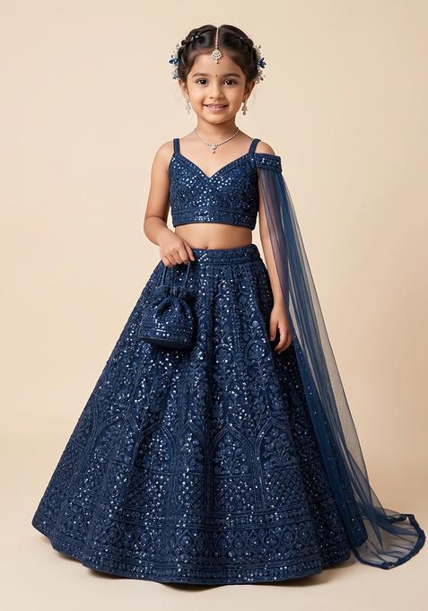 Girl's Blue Sequin Embellished Lehenga Set