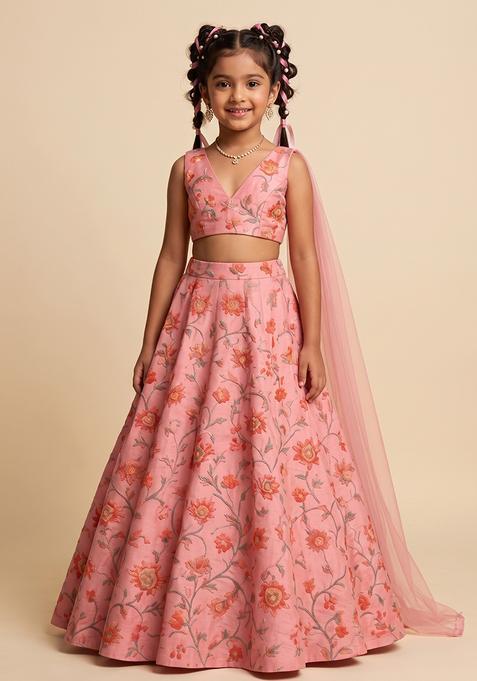 Girl's Pink Embroidered Organza Lehenga Set