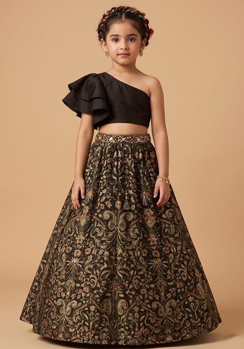 Girl's Brown Printed Silk Lehenga Set