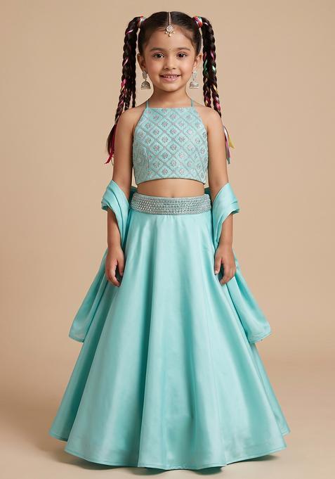 Girl's Pastel Blue Brocade Blouse Georgette Lehenga Set