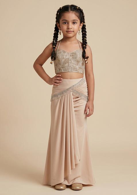 Girl's Multicolour Embroidered Silk Fusion Set