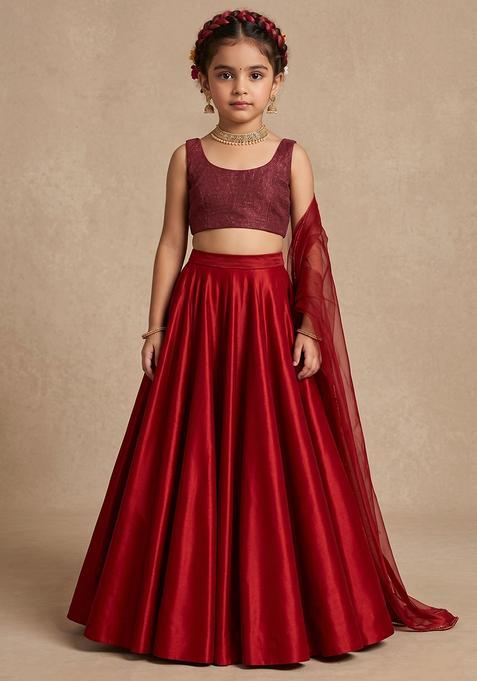 Girl's Red Sequin Lurex Lehenga Set