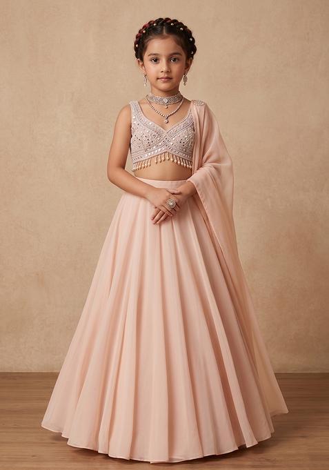 Girl's Pink Embellished Net Lehenga Set