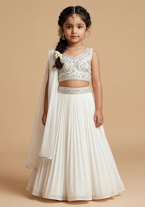 Girl's White Embroidered Net Lehenga Set