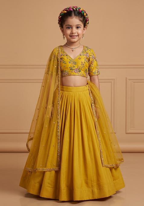 Girl's Yellow Embroidered Crepe Lehenga Set