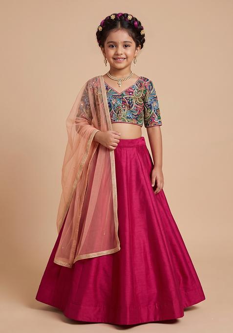 Girl's Pink Embroidered Crepe Lehenga Set