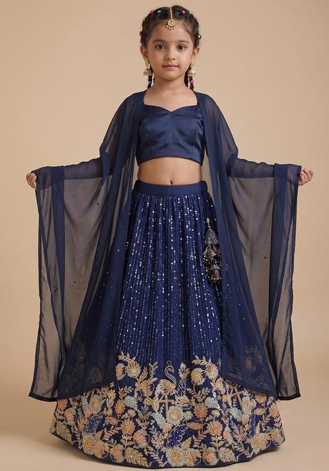 Girl's Navy Blue Embellished Silk Lehenga Set
