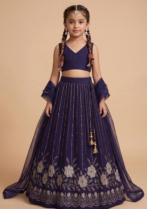 Girl's Deep Purple Embroidered Crepe Lehenga Set