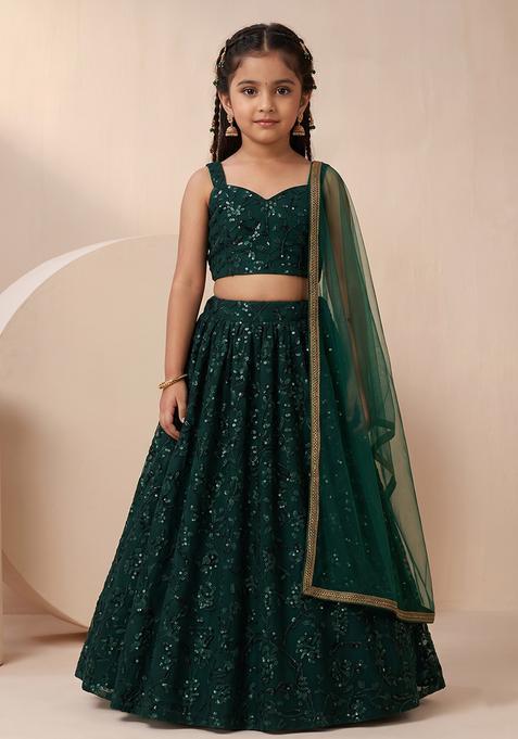 Girl's Emerald Green Sequin Embroidery Net Lehenga Set