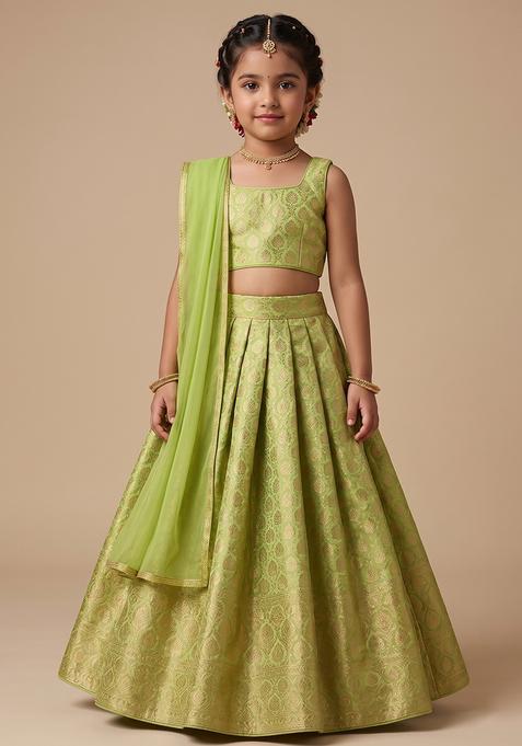 Girl's Green Brocade Lehenga Set