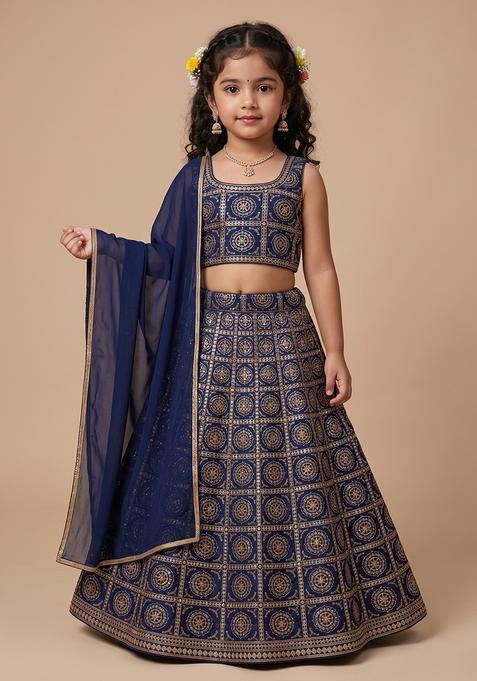 Girl's Navy Blue Bandhani Print Chinon Lehenga Set
