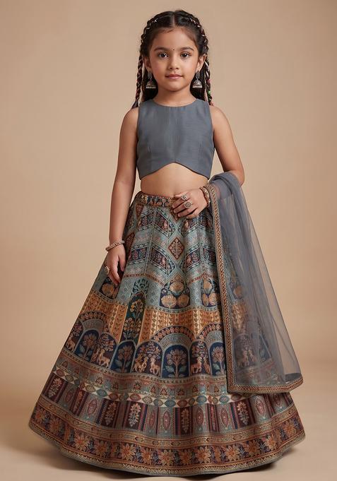 Girl's Grey Embroidered Crepe Lehenga Set