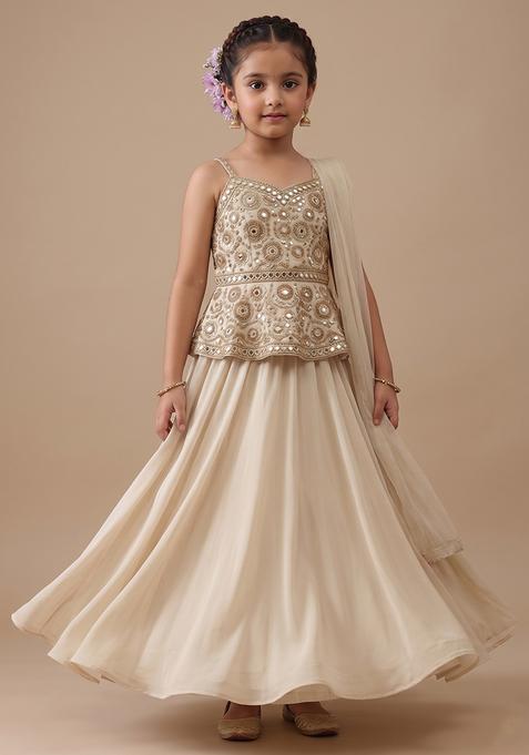 Girl's Beige Embroidered Tissue Lehenga Set