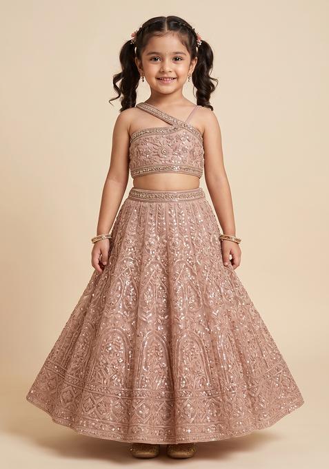 Girl's Peach Sequin Embellished Shimmer Lehenga Set