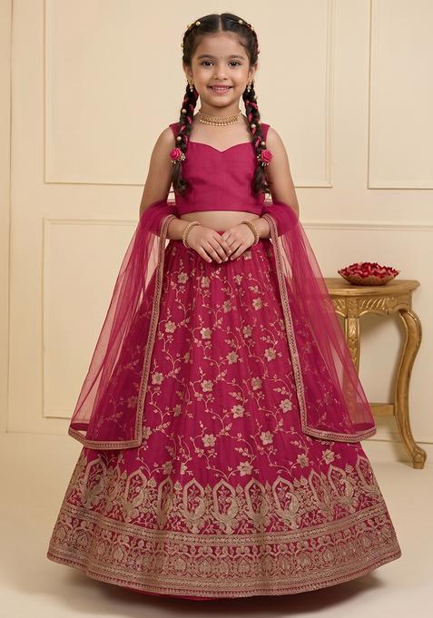 Girl's Rani Pink Zari Tissue Lehenga Set