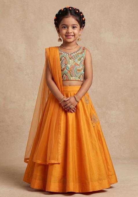 Girl's Burnt Orange Crepe Lehenga Set With Printed Bloude