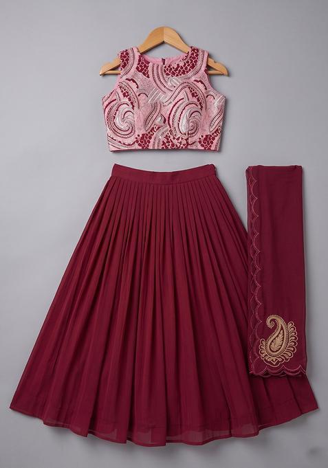 Girl's Burgundy Crepe Lehenga Set With Printed Blouse