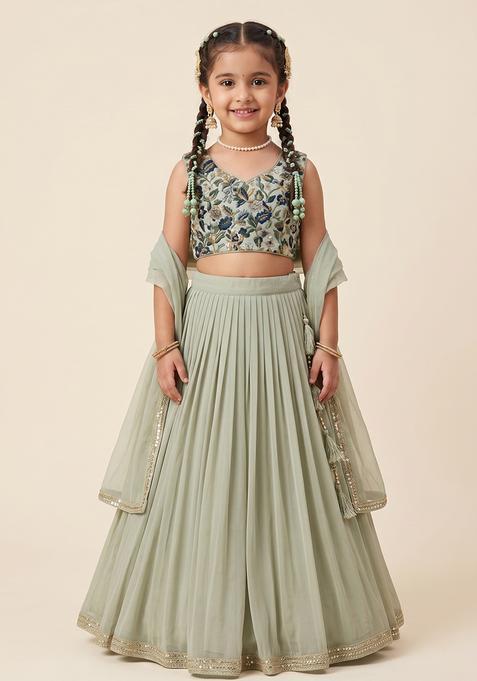 Girl's Silver Grey Crepe Lehenga Set With Printed Blouse
