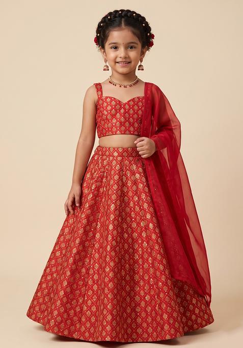 Girl's Red Brocade Lehenga Set