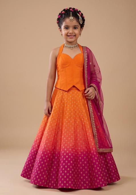 Girl's Rani Pink Jacquard Silk Lehenga Set