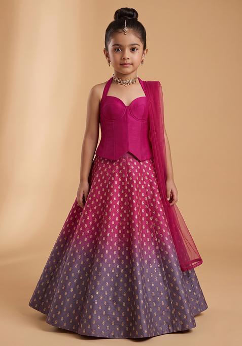Girl's Rani Pink Jacquard Silk Lehenga Set