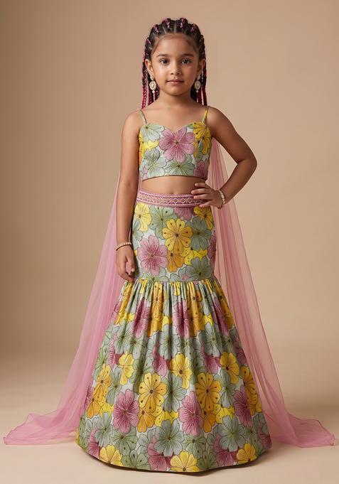 Girl's Mint Green Floral Print Crepe Lehenga Set