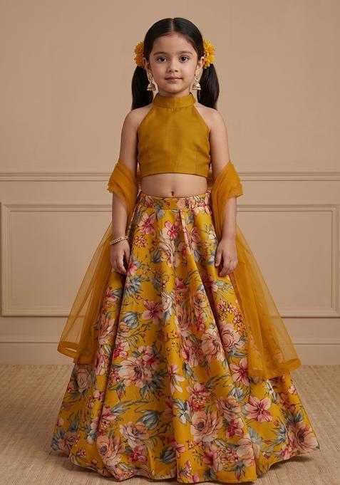 Girl's Yellow Floral Print Crepe Lehenga Set