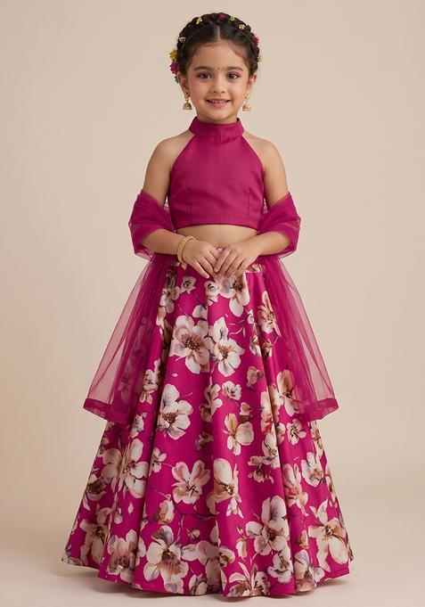 Girl's Rani Pink Floral Print Crepe Lehenga Set