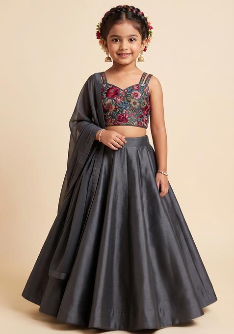 Girl's Black Floral Print Crepe Lehenga Set
