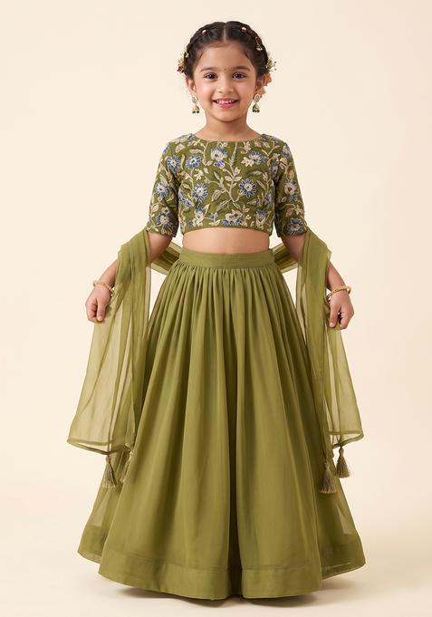 Girl's Olive Green Figure Print Crepe Lehenga Set