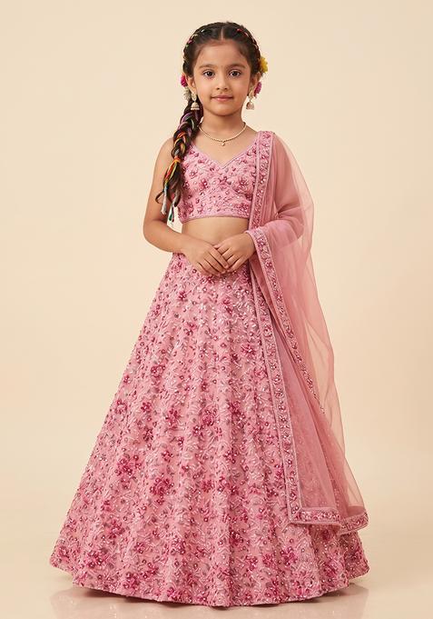 Girl's Light Pink Sequin Net Lehenga Set