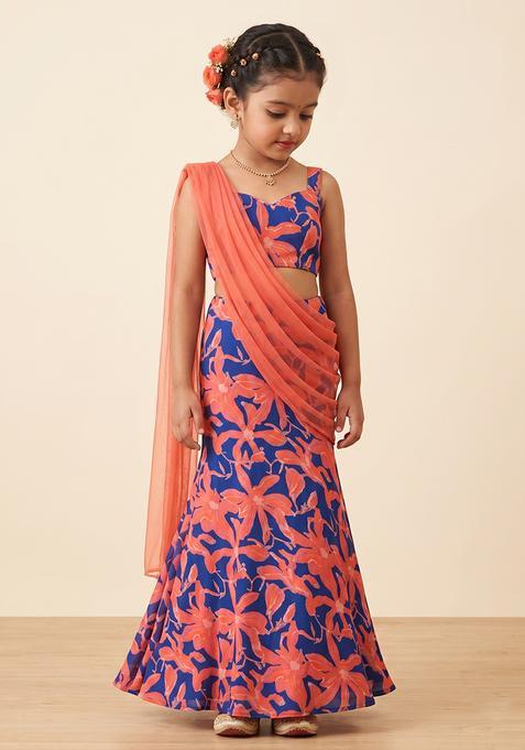 Girl's Coral Floral Print Chinon Lehenga Set