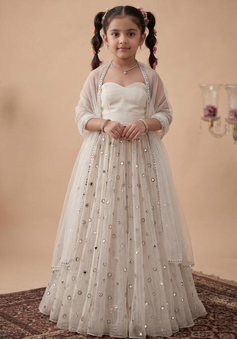 Girl's Off White Embroidered Crepe Lehenga Set