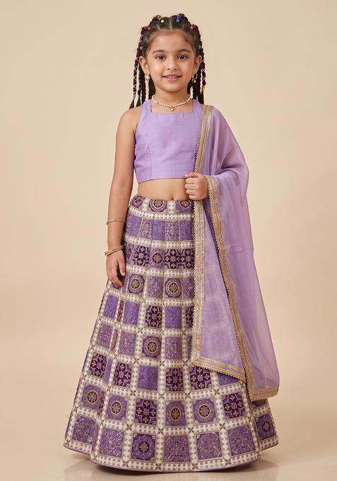 Girl's Lavender Embroidered Crepe Lehenga Set