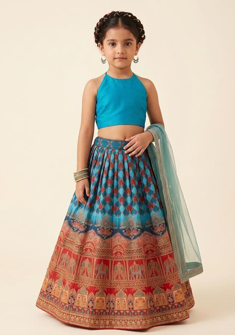 Girl's Teal Blue Embroidered Crepe Lehenga Set