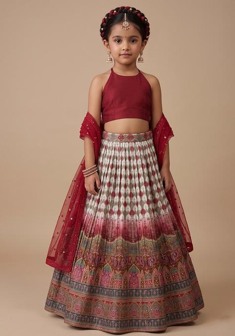 Girl's Red Embroidered Crepe Lehenga Set