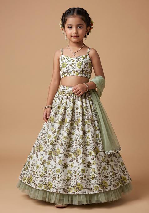 Girl's Sage Green Floral Print Crepe Lehenga Set