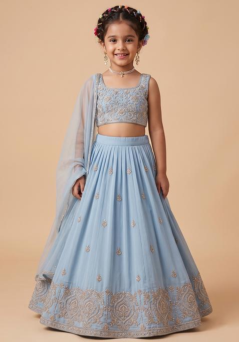 Girl's Powder Blue Embroidered Tissue Lehenga Set