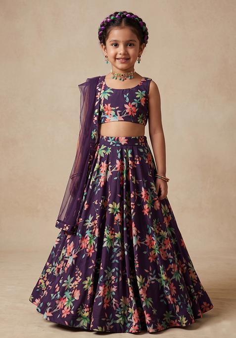 Girl's Purple Floral Print Georgette Lehenga Set