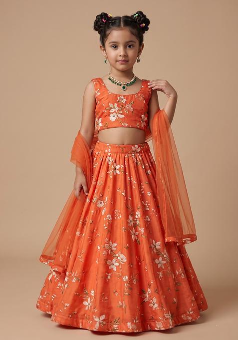 Girl's Coral Orange Floral Print Georgette Lehenga Set