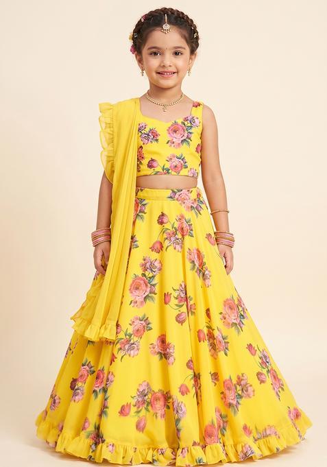 Girl's Yellow Floral Print Georgette Lehenga Set