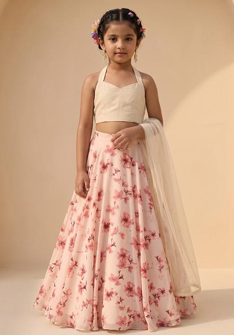 Girl's Cream Floral Print Georgette Lehenga Set