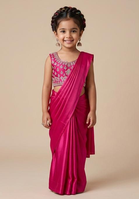 Girl's Berry Pink Hand Work Embellished Georgette Pre Draped Saree Set