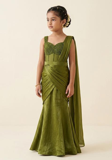 Girl's Olive Green Hand Work Embellished Silk Pre Draped Saree Set