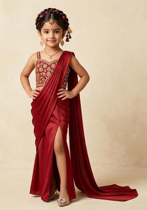 Girl's Bright Red Hand Work Embellished Pre Draped Saree Set