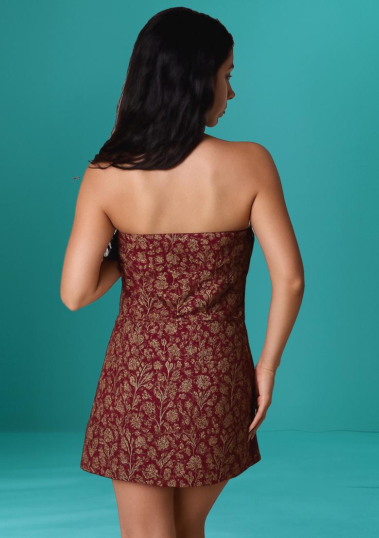 Wine Jacquard  Dress - Indya