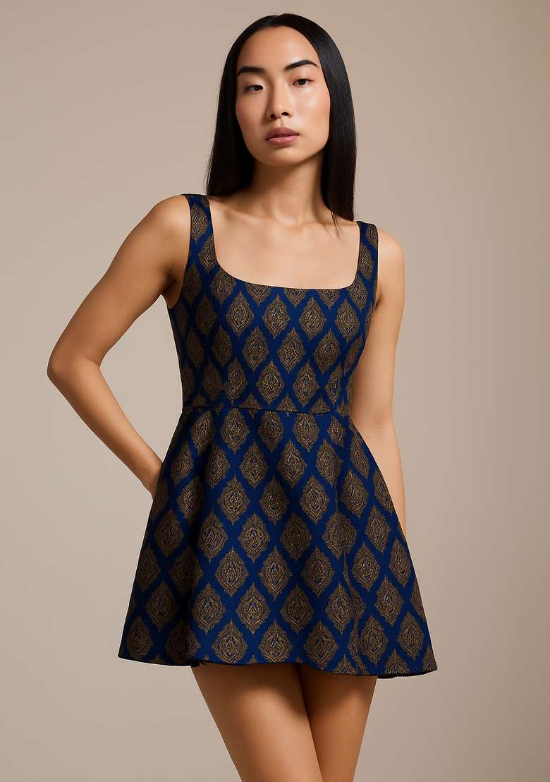 Dark Blue Brocade Dress for Diwali and Festive Wear - Indya
